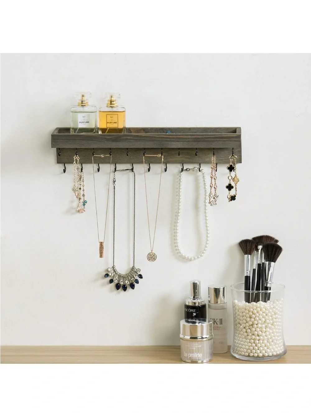 Wood Wall-Mounted Jewelry Organizer Shelf in Gray
